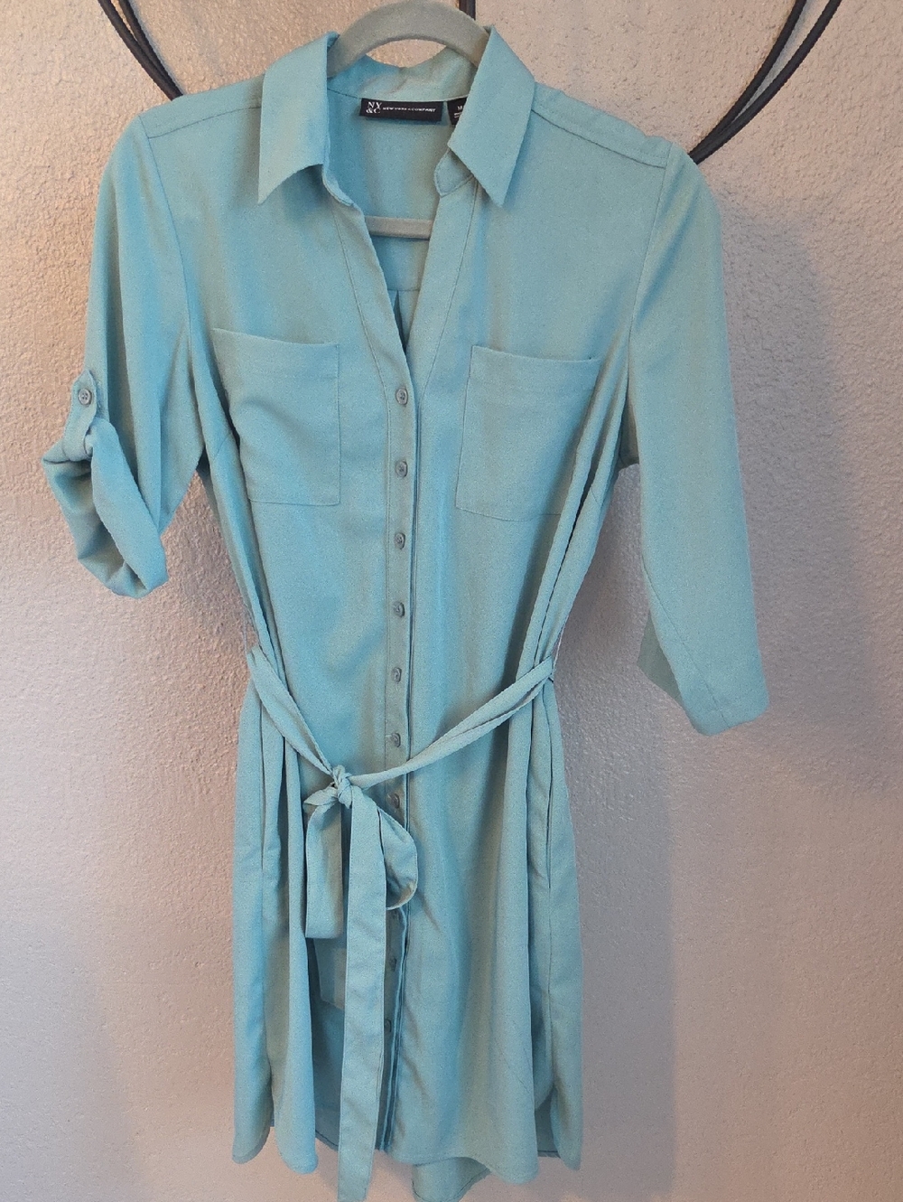 New York & Co. Light Aqua Blue Button-Front Shirt Dress with Tie Waist